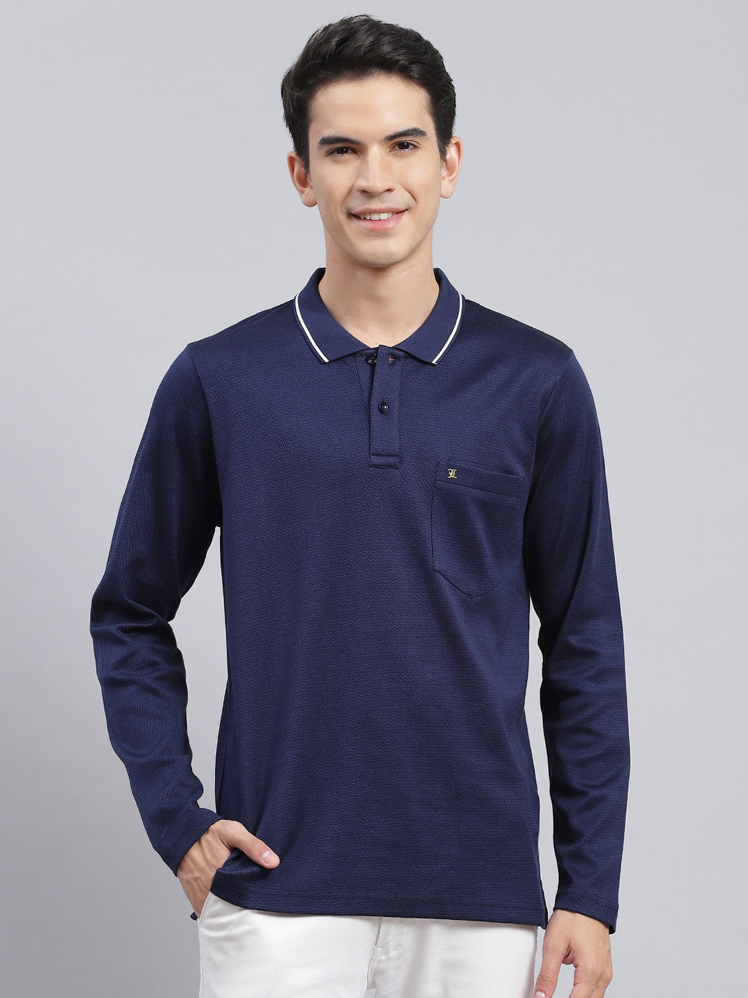 Men Navy Blue Jaquard Double Mercerized Cotton T-Shirt