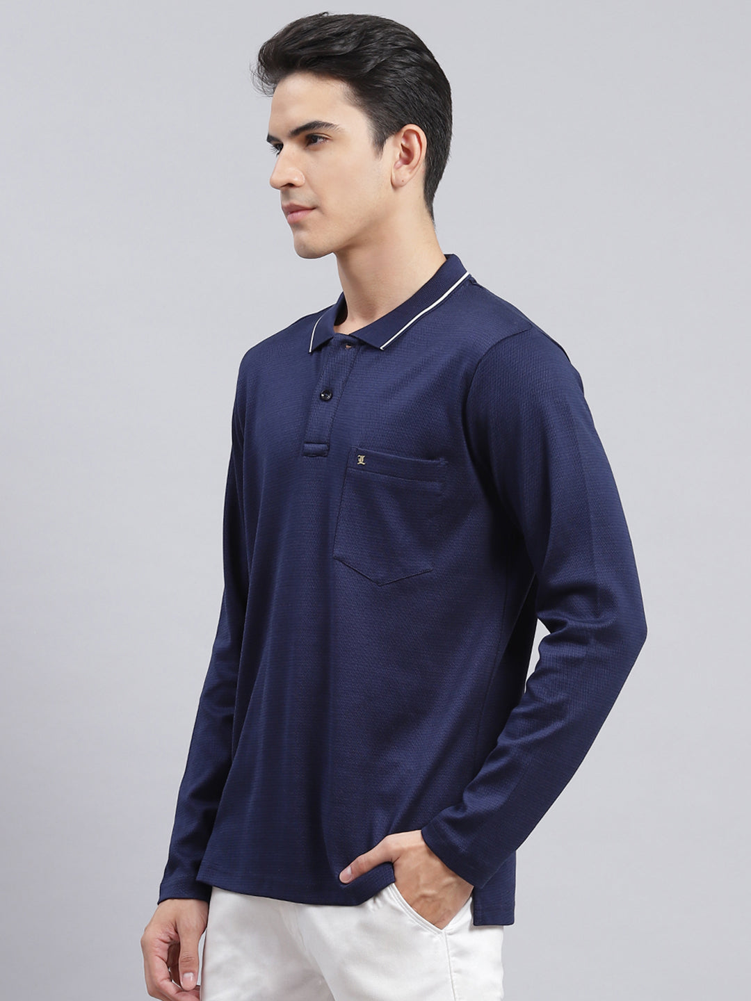 Men Navy Blue Jaquard Double Mercerized Cotton T-Shirt