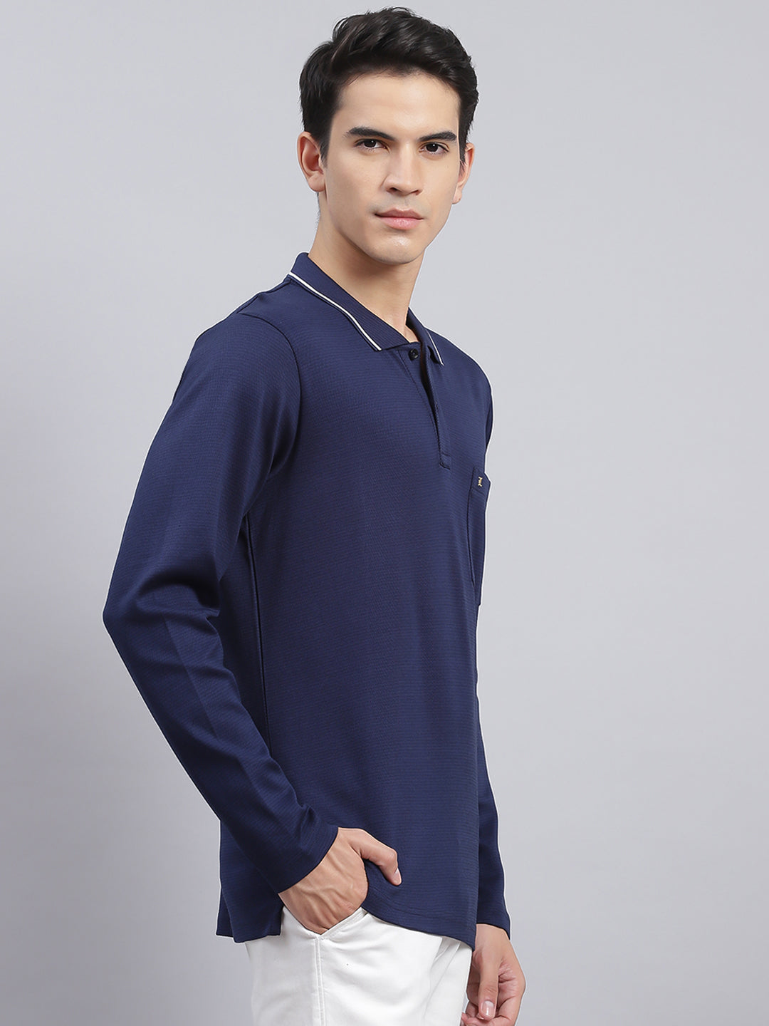Men Navy Blue Jaquard Double Mercerized Cotton T-Shirt