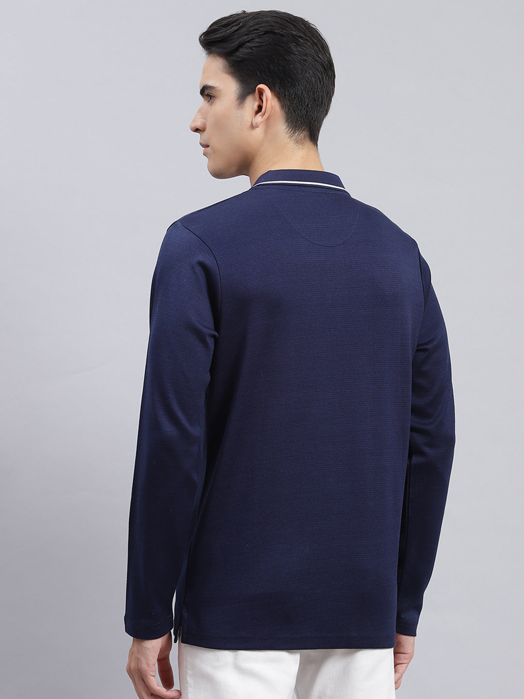 Men Navy Blue Jaquard Double Mercerized Cotton T-Shirt