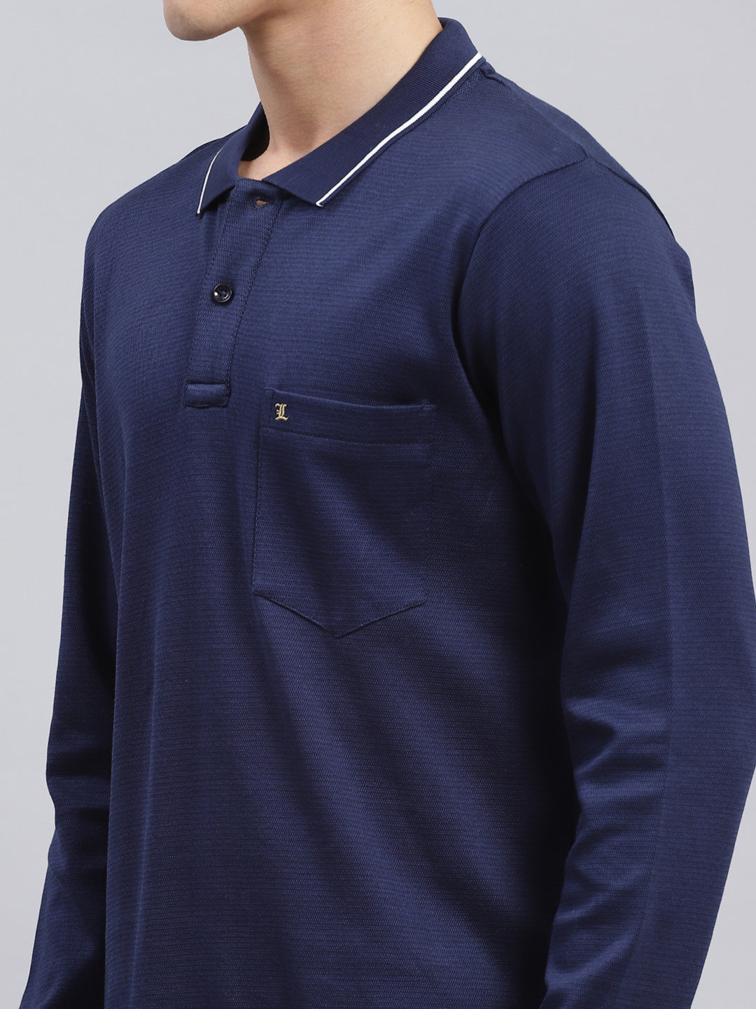 Men Navy Blue Jaquard Double Mercerized Cotton T-Shirt