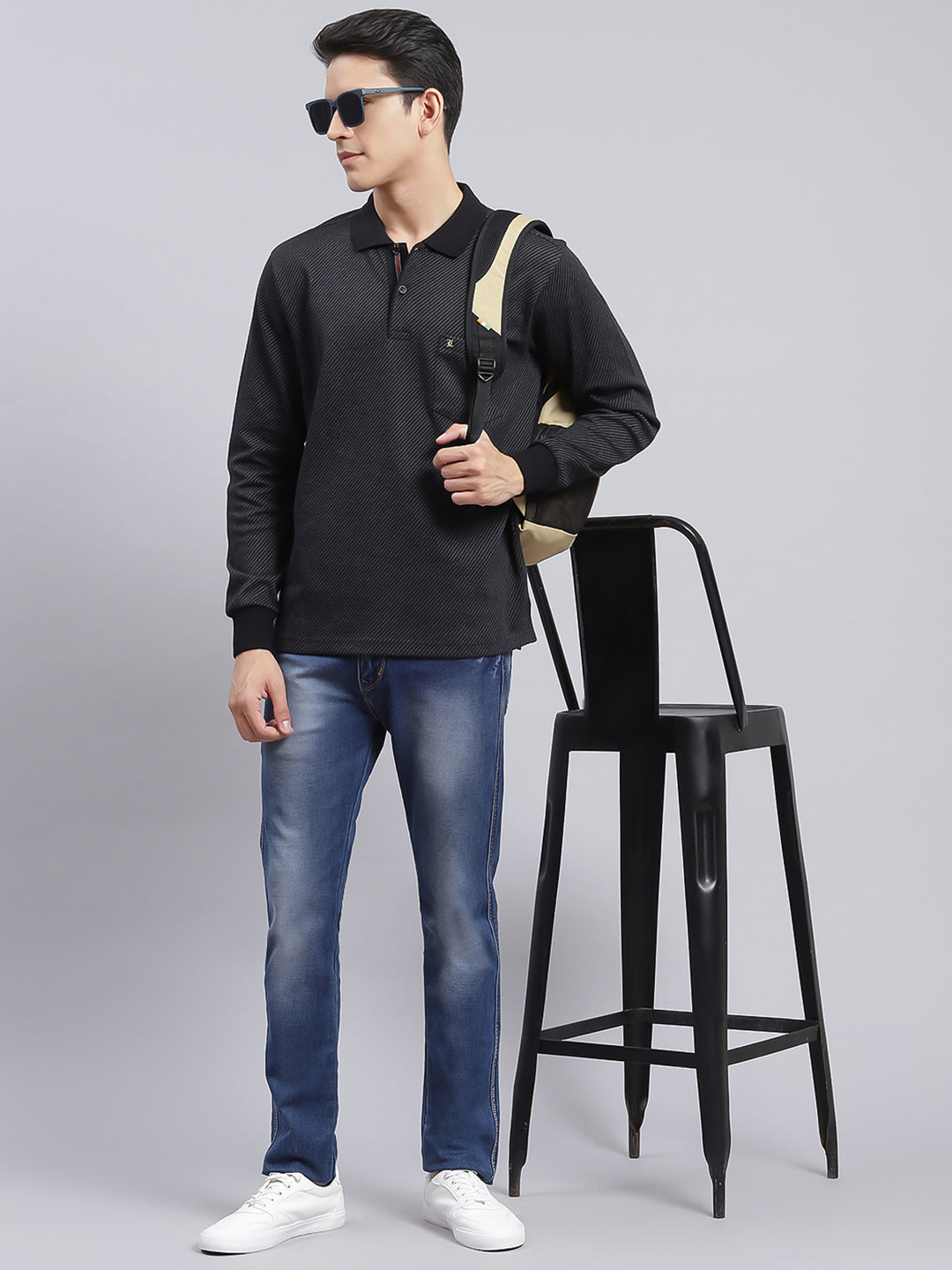 Men Black Self Design Cotton Blend T-Shirt
