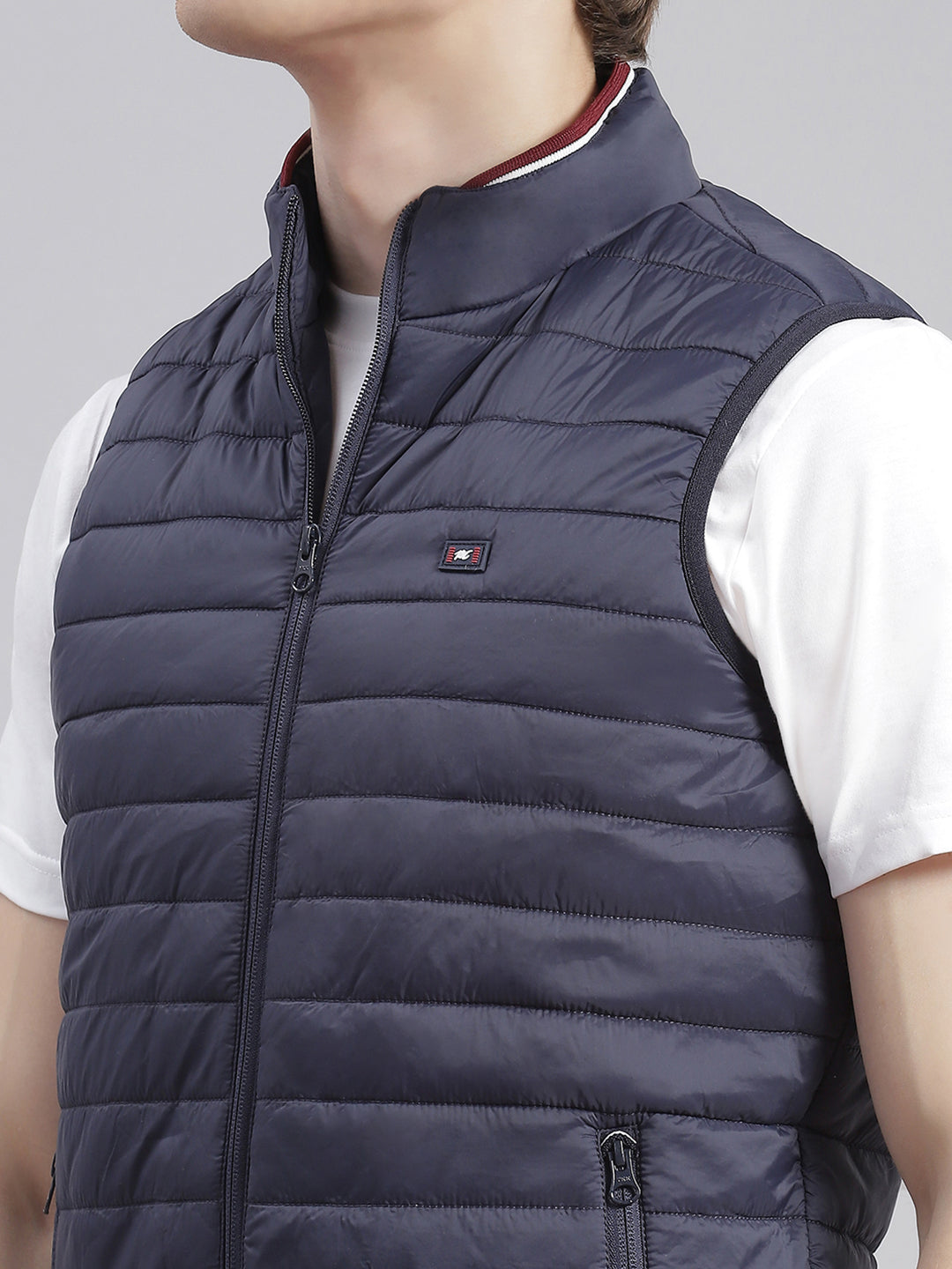 Men Navy Blue Solid Stand Collar Sleeveless Jackets