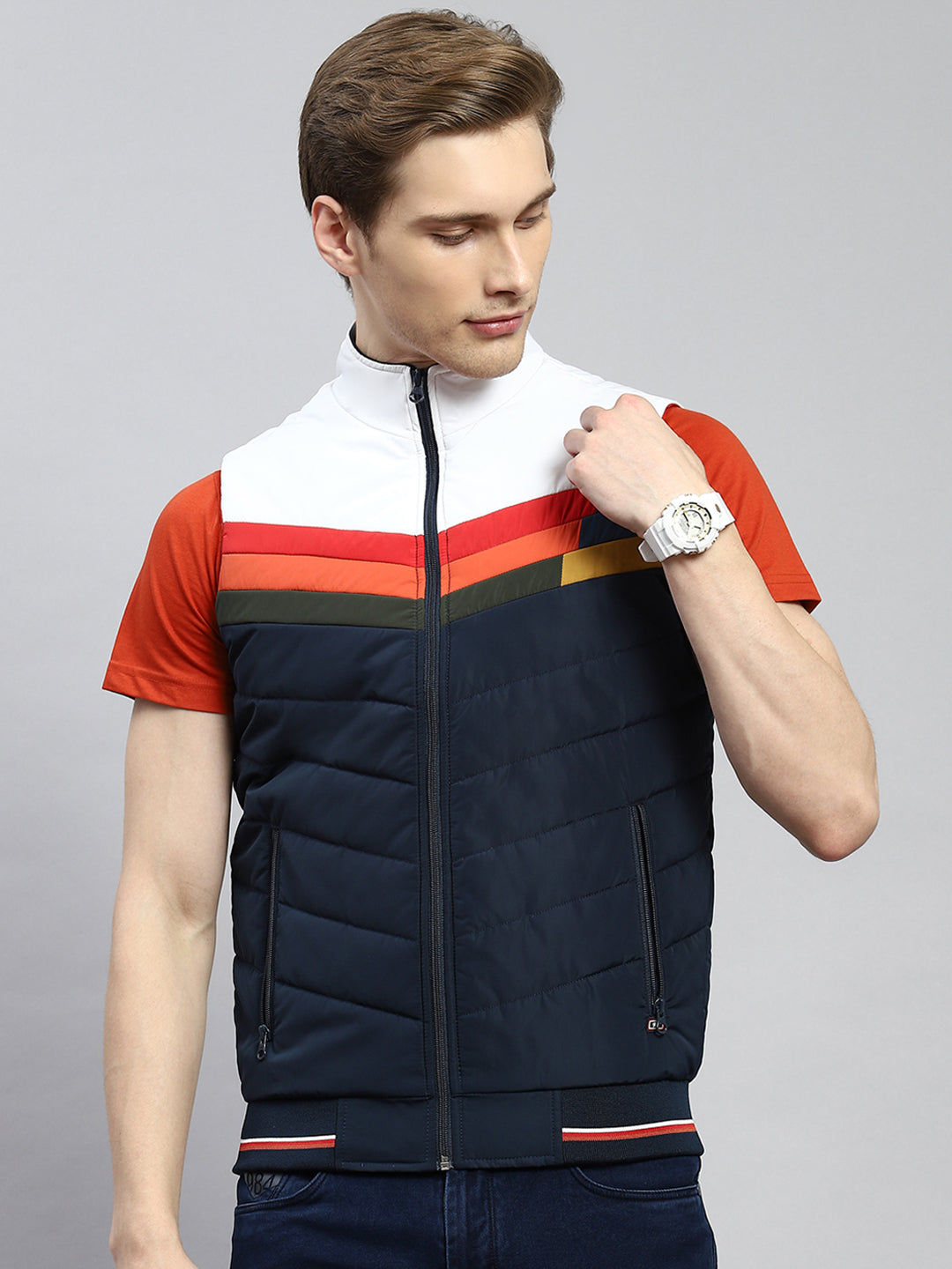 Men Navy Blue Plain Jacket