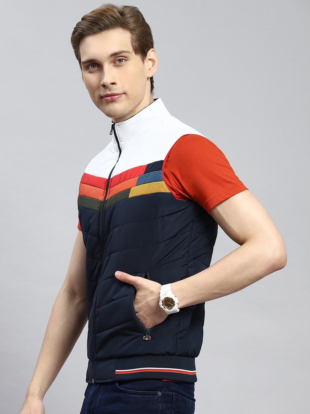 Men Navy Blue Plain Jacket