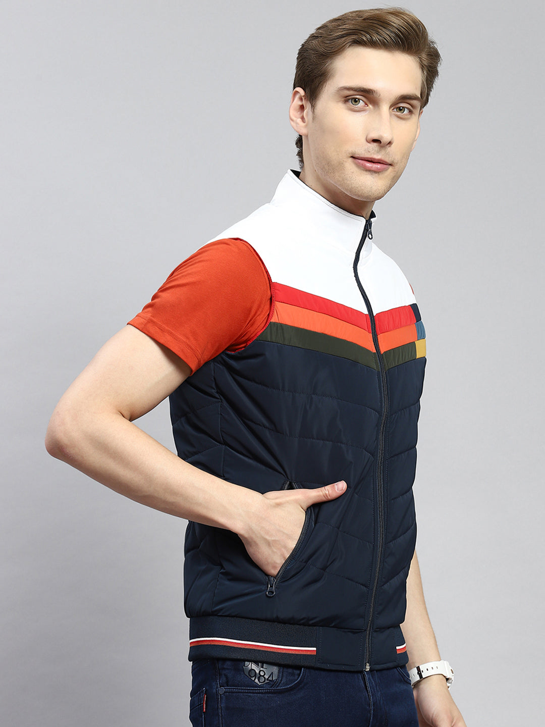 Men Navy Blue Plain Jacket