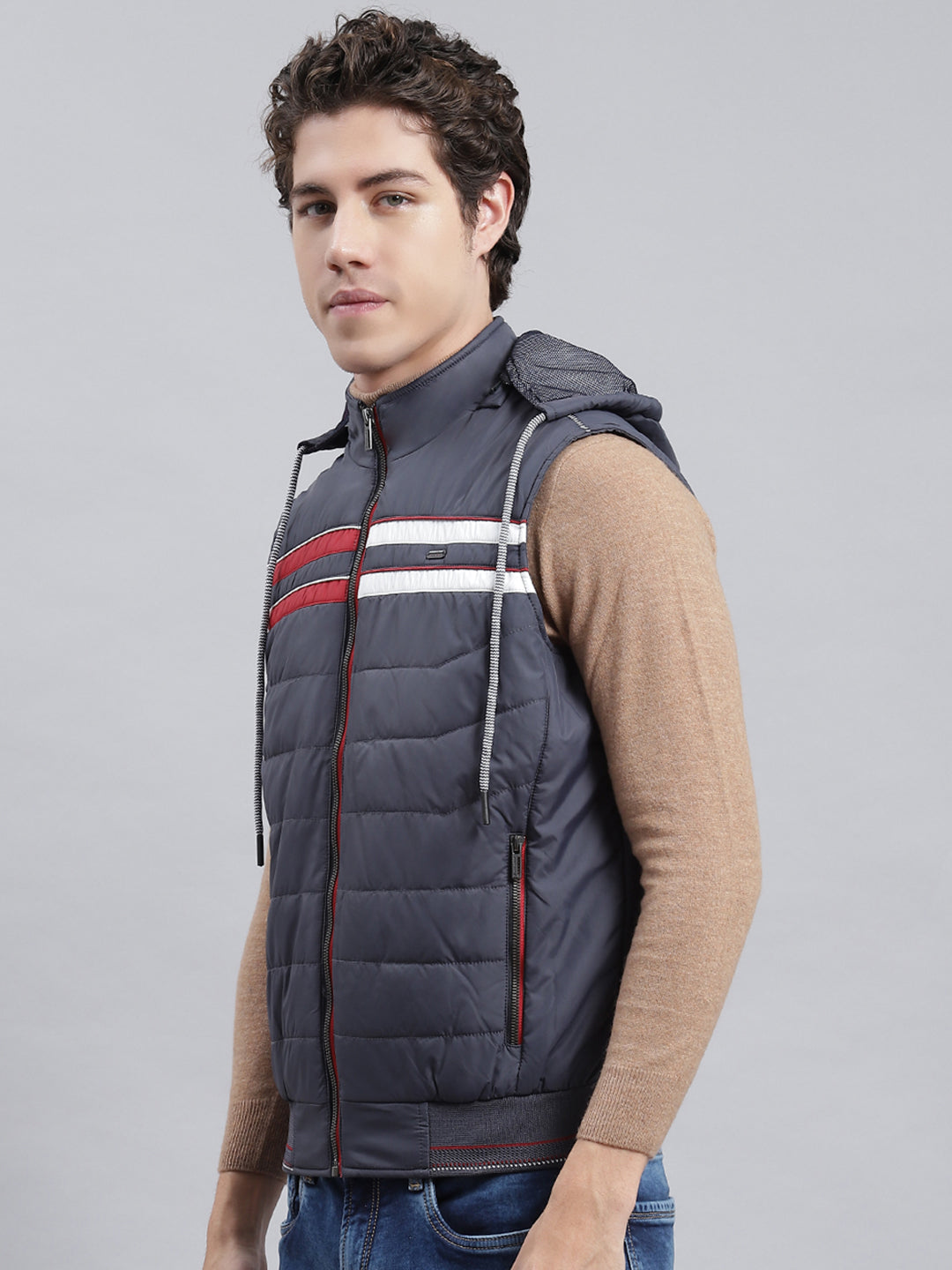 Men Navy Blue Plain Jacket