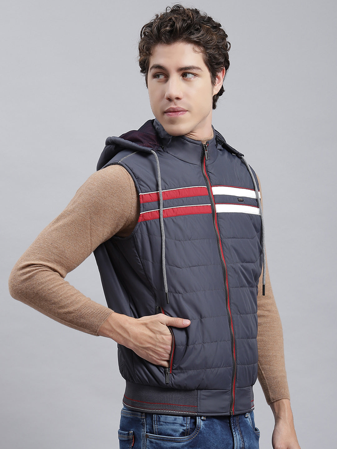 Men Navy Blue Plain Jacket