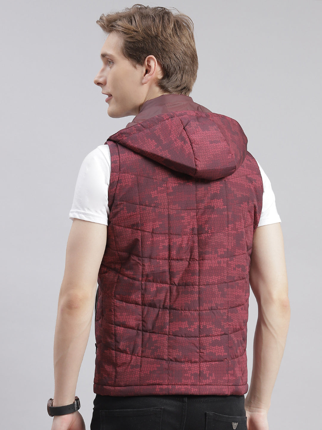 Men Maroon Printed Hooded Sleeveless Jackets