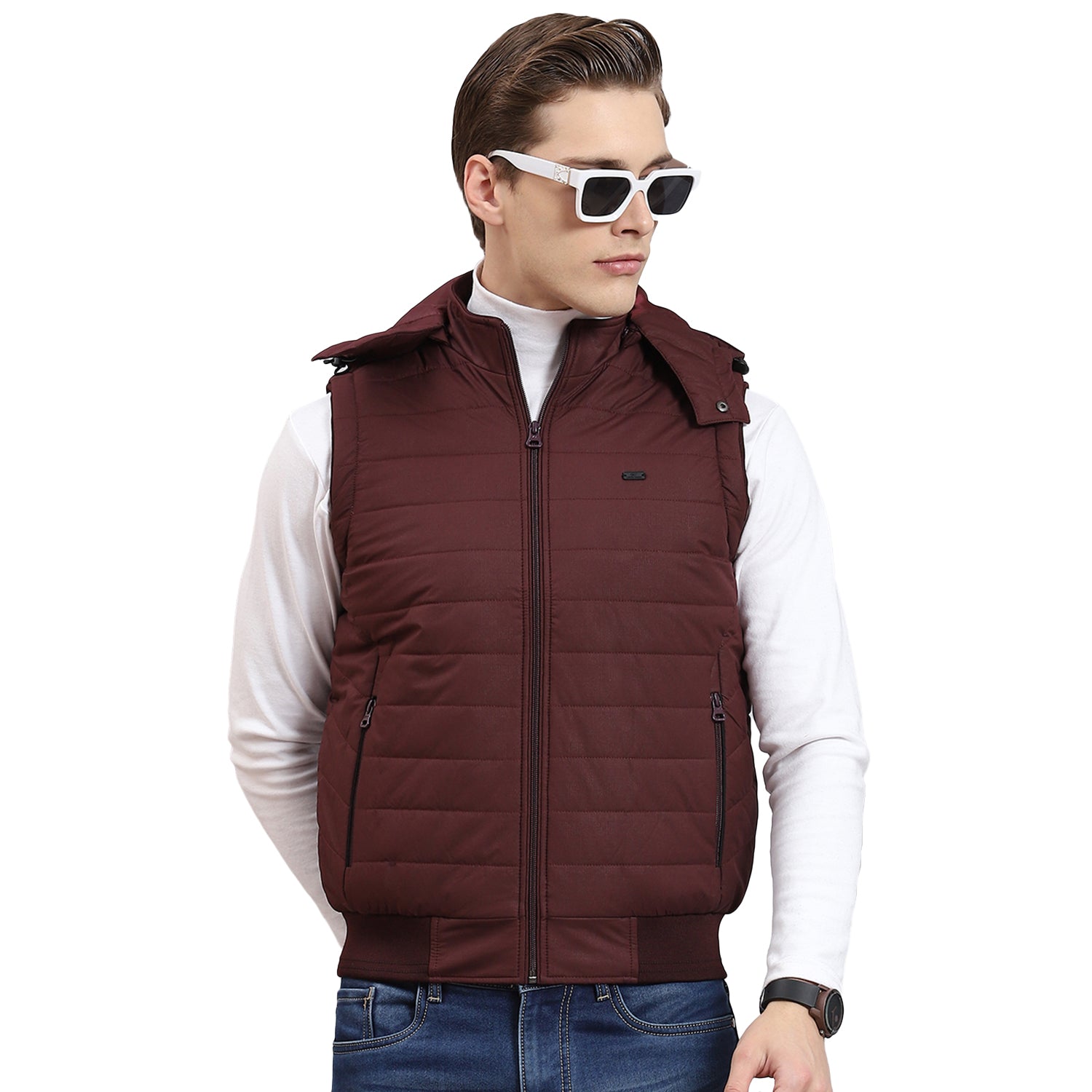 Men Maroon Printed Hooded Sleeveless Jacket