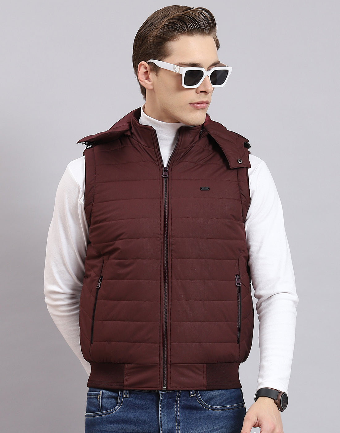 Men Maroon Printed Hooded Sleeveless Jacket