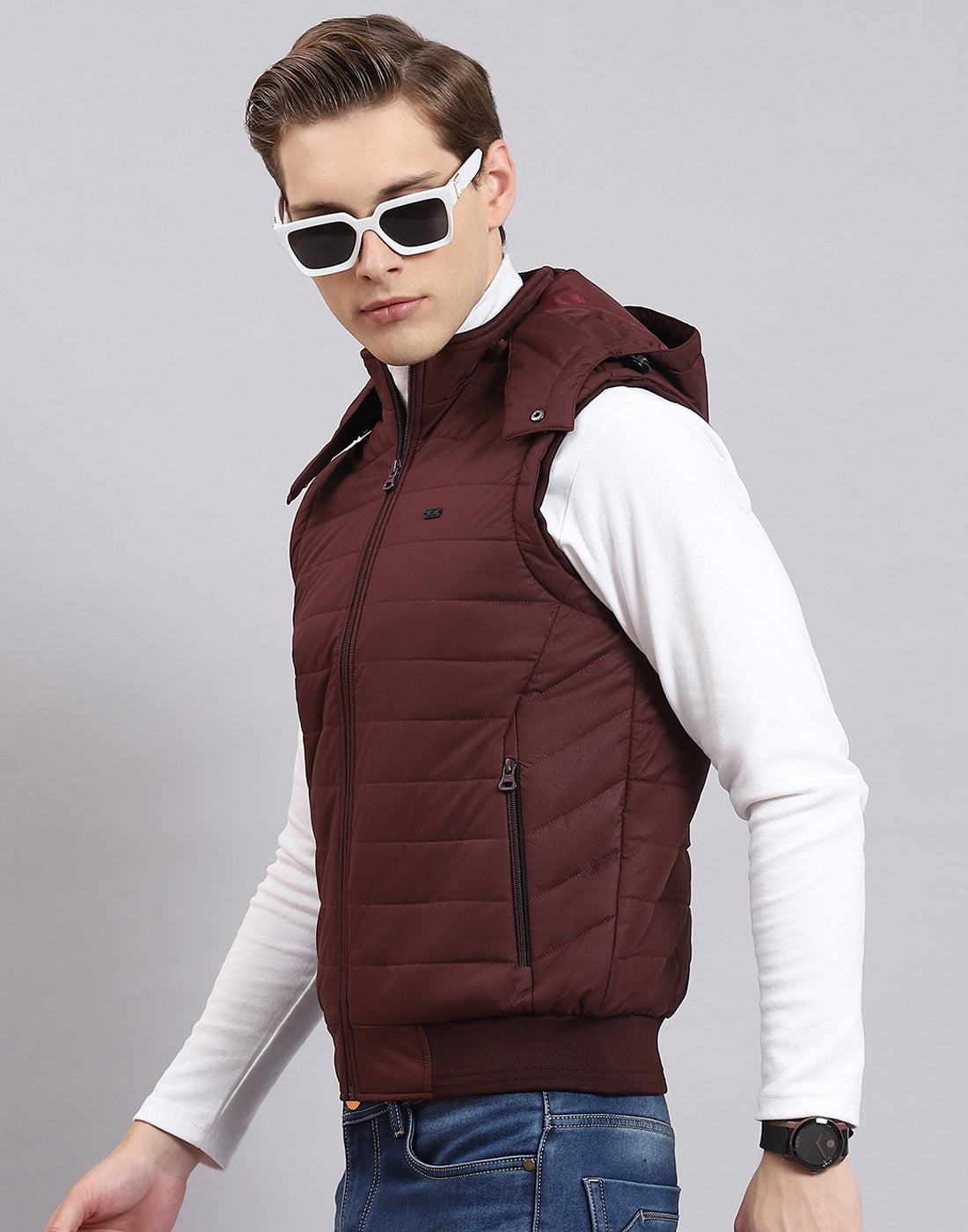 Men Maroon Printed Hooded Sleeveless Jacket