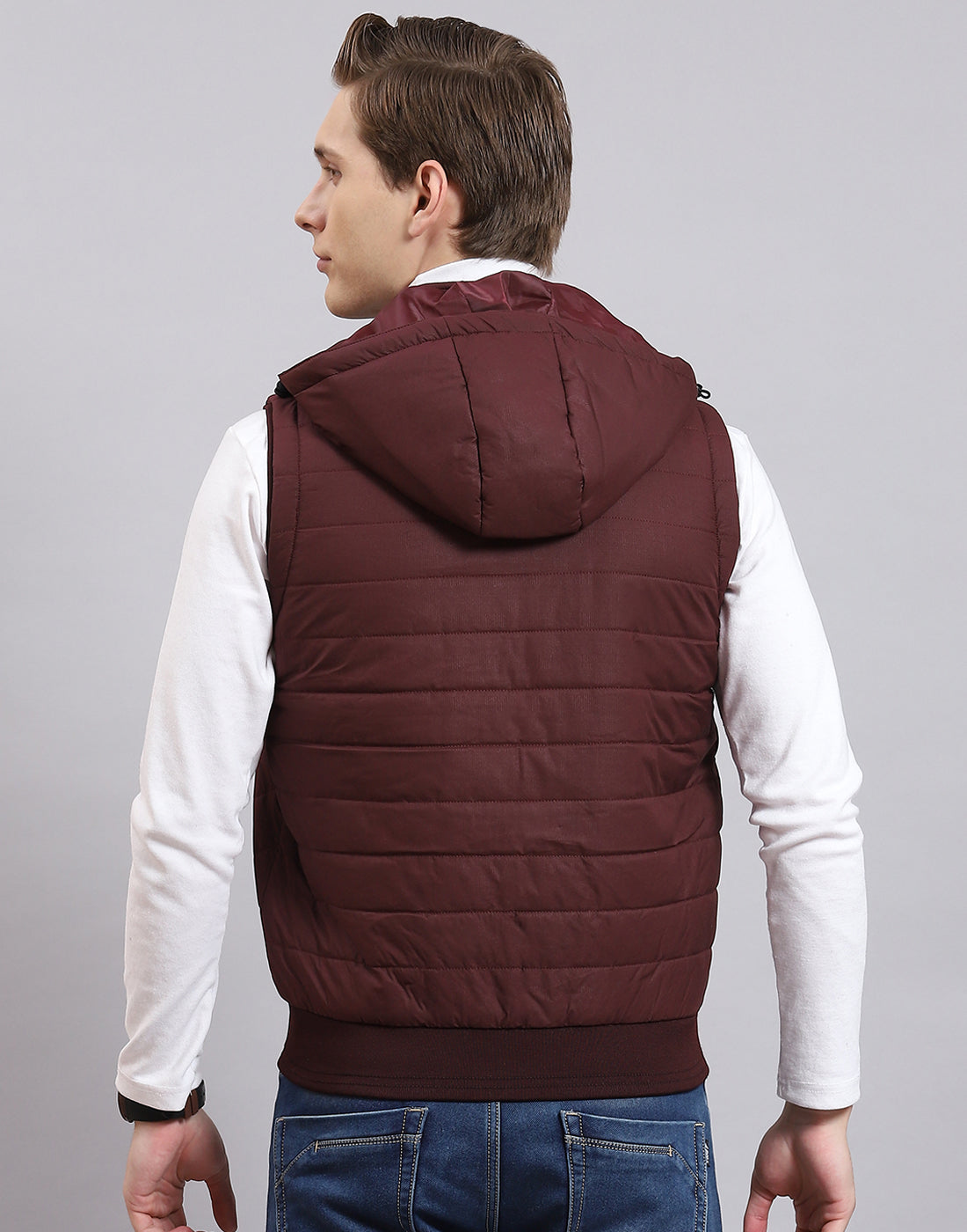 Men Maroon Printed Hooded Sleeveless Jacket