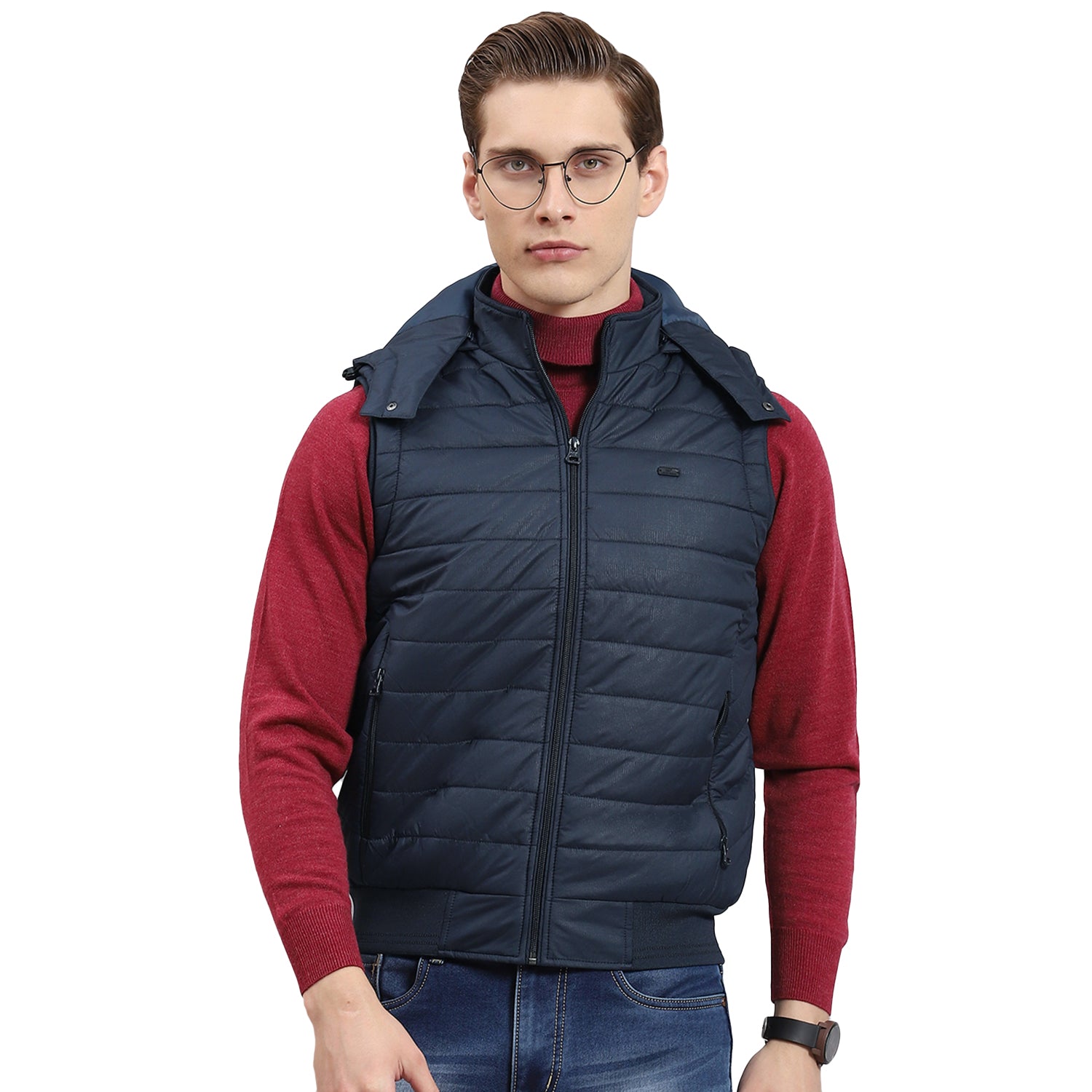 Men Navy Blue Printed Hooded Sleeveless Jacket