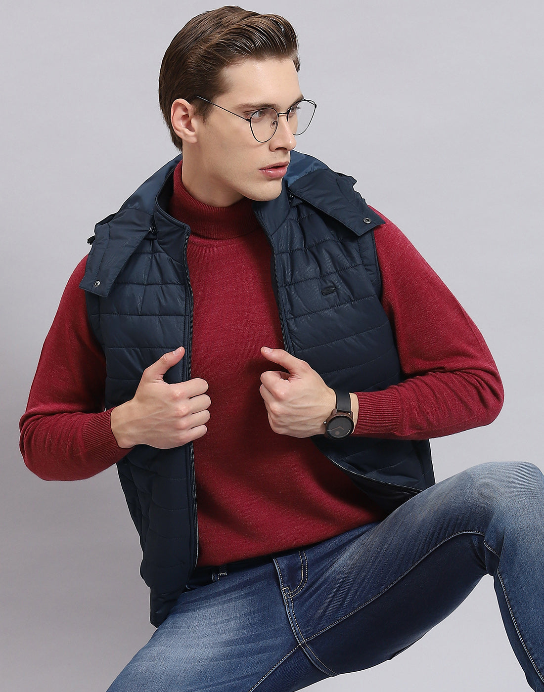 Men Navy Blue Printed Hooded Sleeveless Jacket