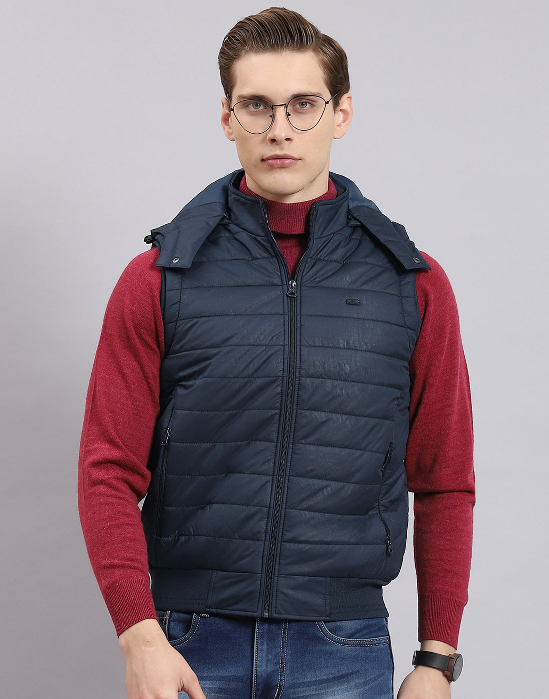 Men Navy Blue Printed Hooded Sleeveless Jacket