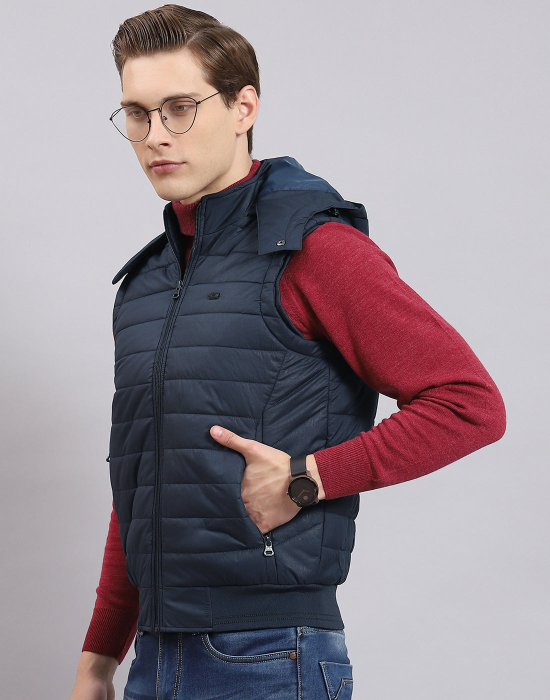 Men Navy Blue Printed Hooded Sleeveless Jacket