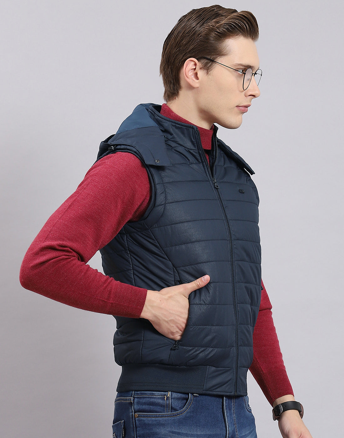 Men Navy Blue Printed Hooded Sleeveless Jacket