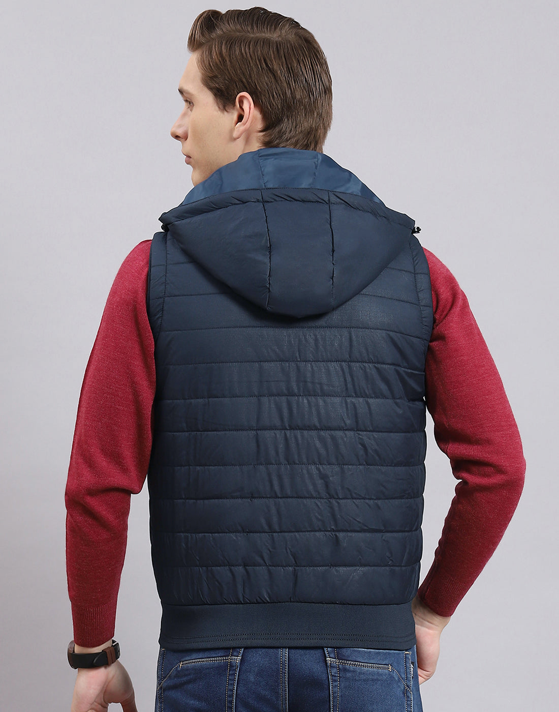 Men Navy Blue Printed Hooded Sleeveless Jacket