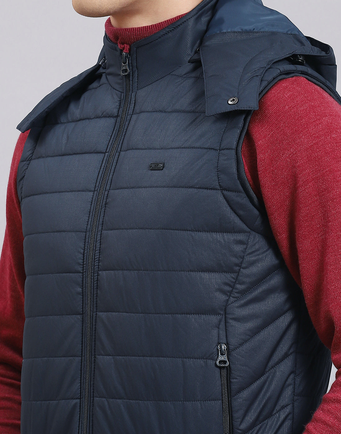 Men Navy Blue Printed Hooded Sleeveless Jacket