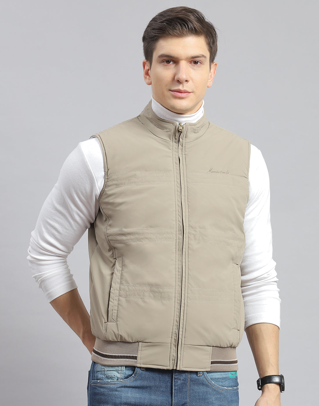 Men Beige Solid Stand Collar Sleeveless Jacket - Main Image