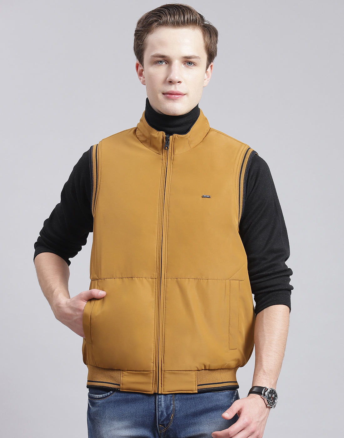 Men Mustard Solid Stand Collar Sleeveless Jacket
