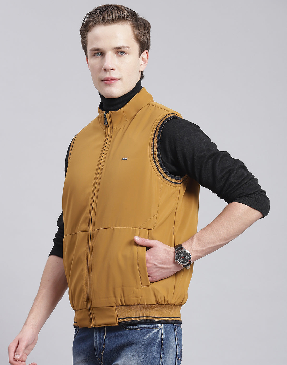 Men Mustard Solid Stand Collar Sleeveless Jacket