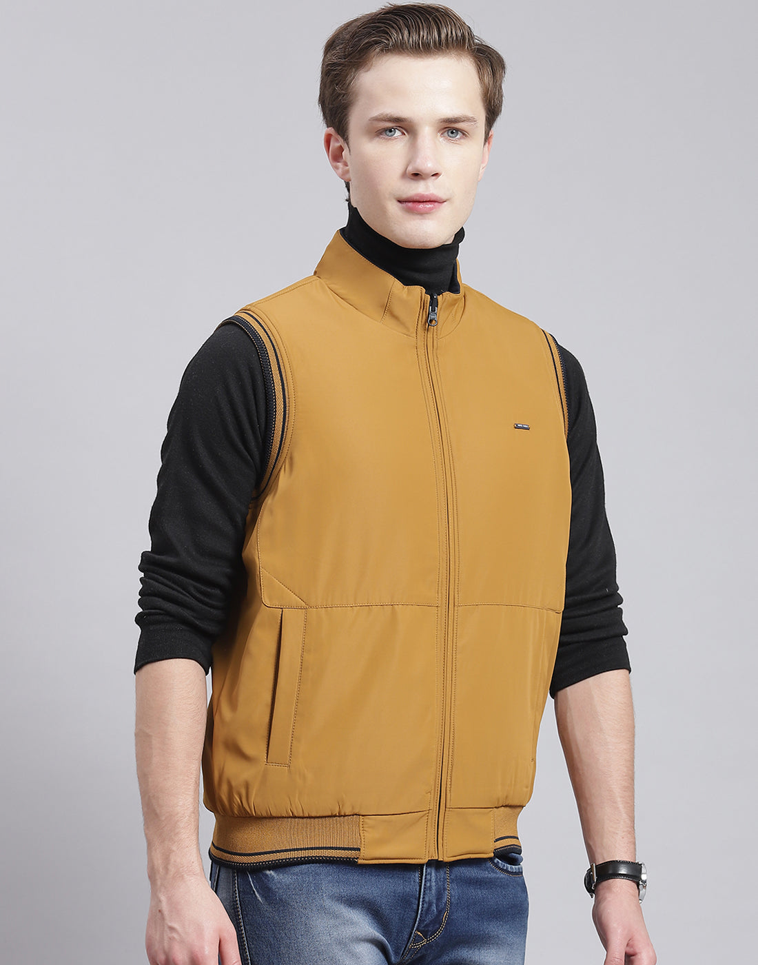 Men Mustard Solid Stand Collar Sleeveless Jacket