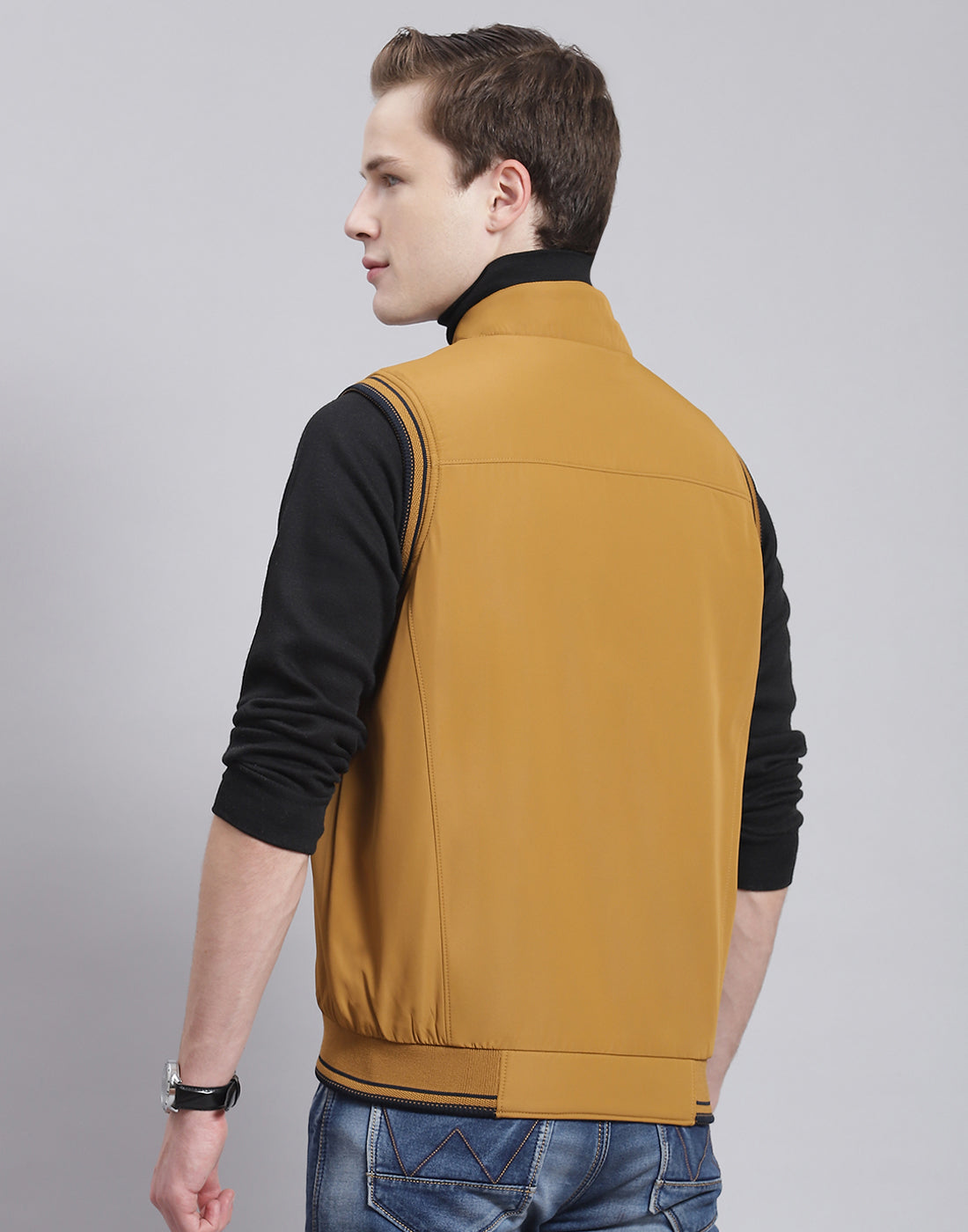 Men Mustard Solid Stand Collar Sleeveless Jacket