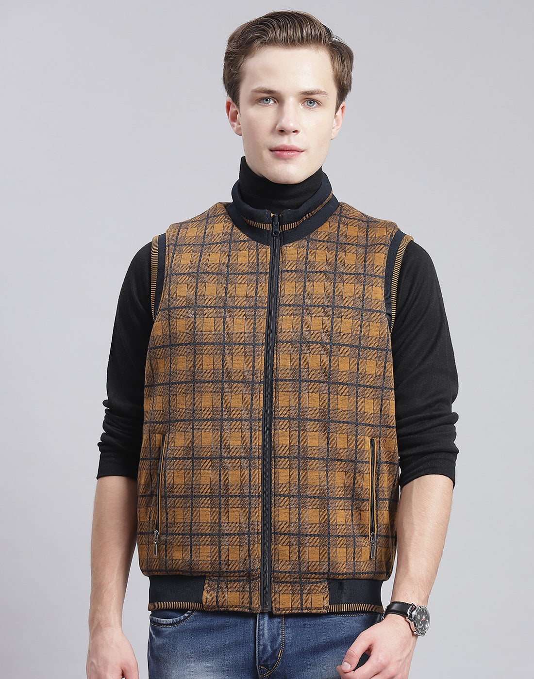 Men Mustard Solid Stand Collar Sleeveless Jacket