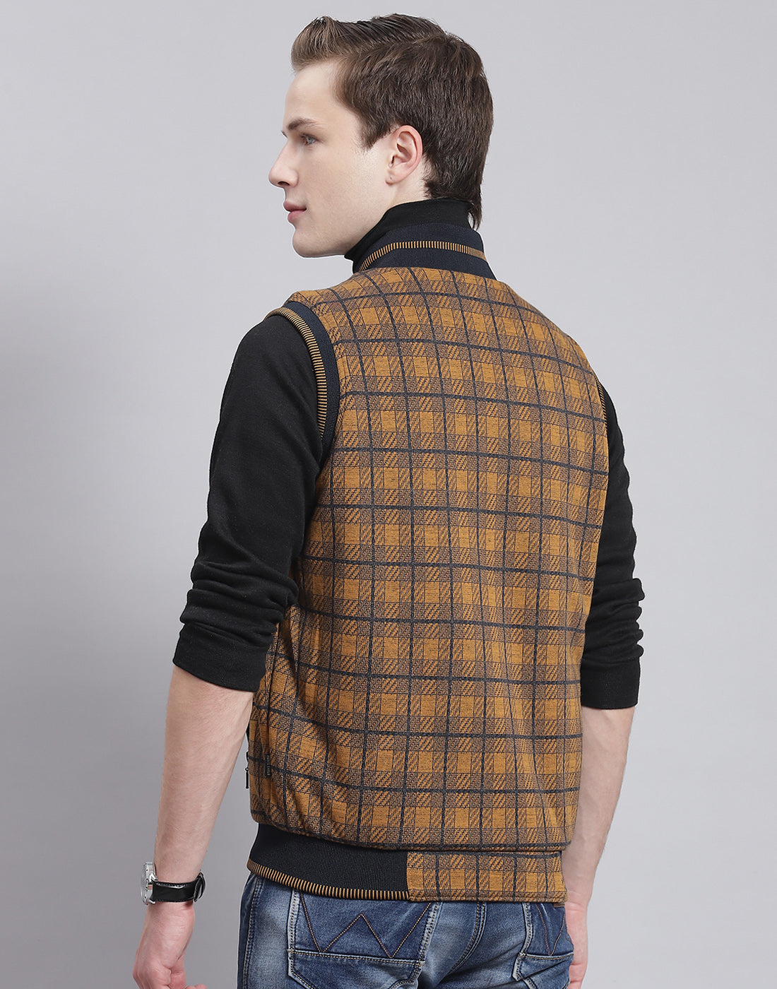 Men Mustard Solid Stand Collar Sleeveless Jacket