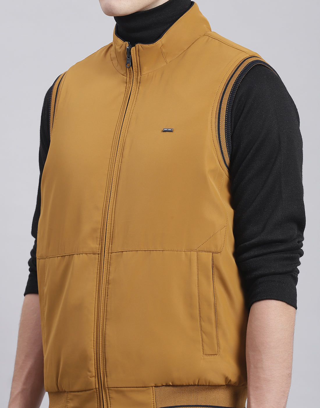 Men Mustard Solid Stand Collar Sleeveless Jacket