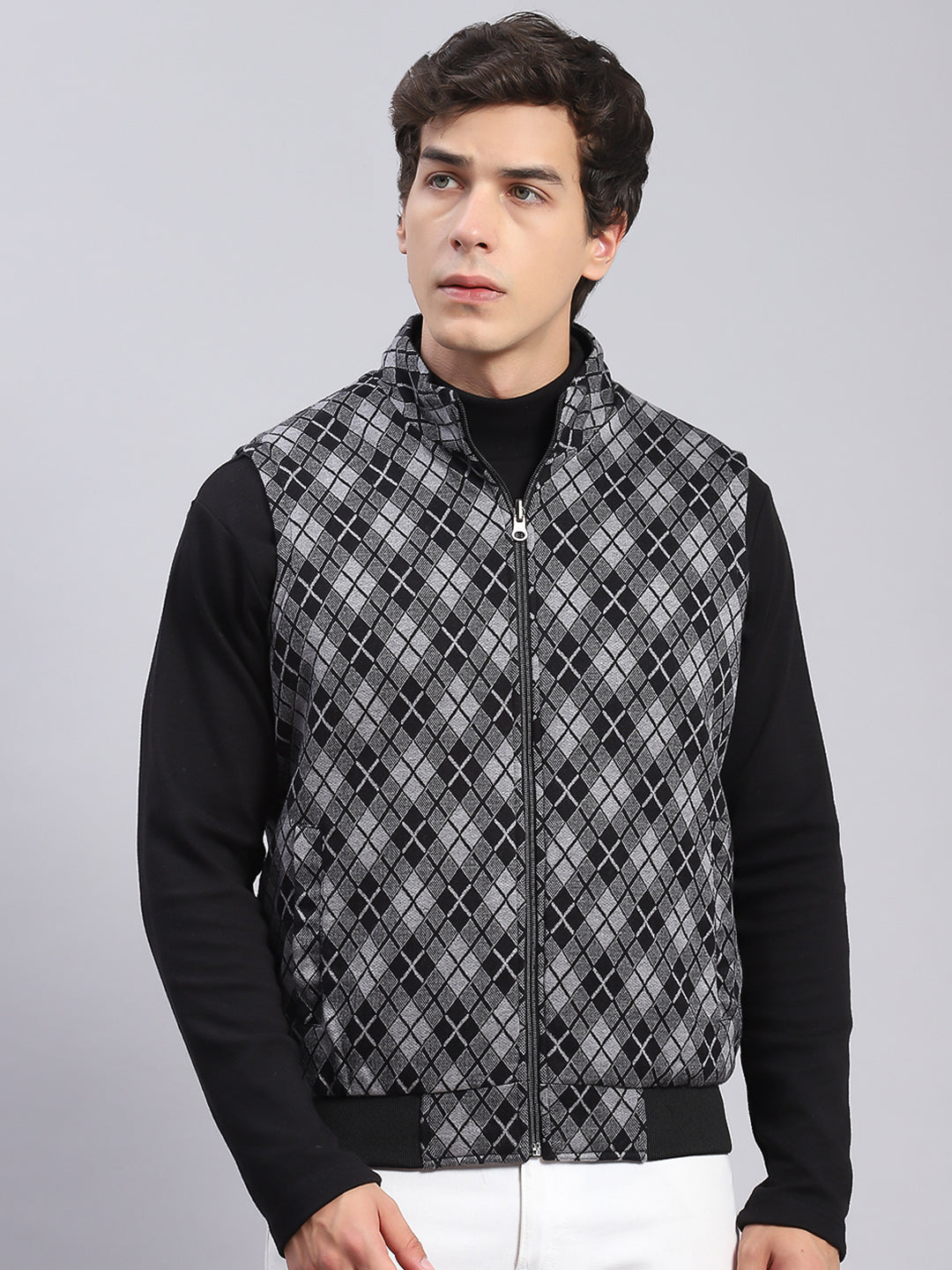 Men Black Check Stand Collar Sleeveless Jackets