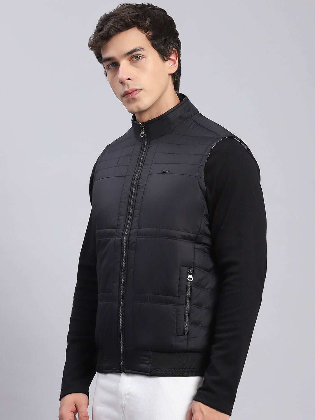 Men Black Check Stand Collar Sleeveless Jackets