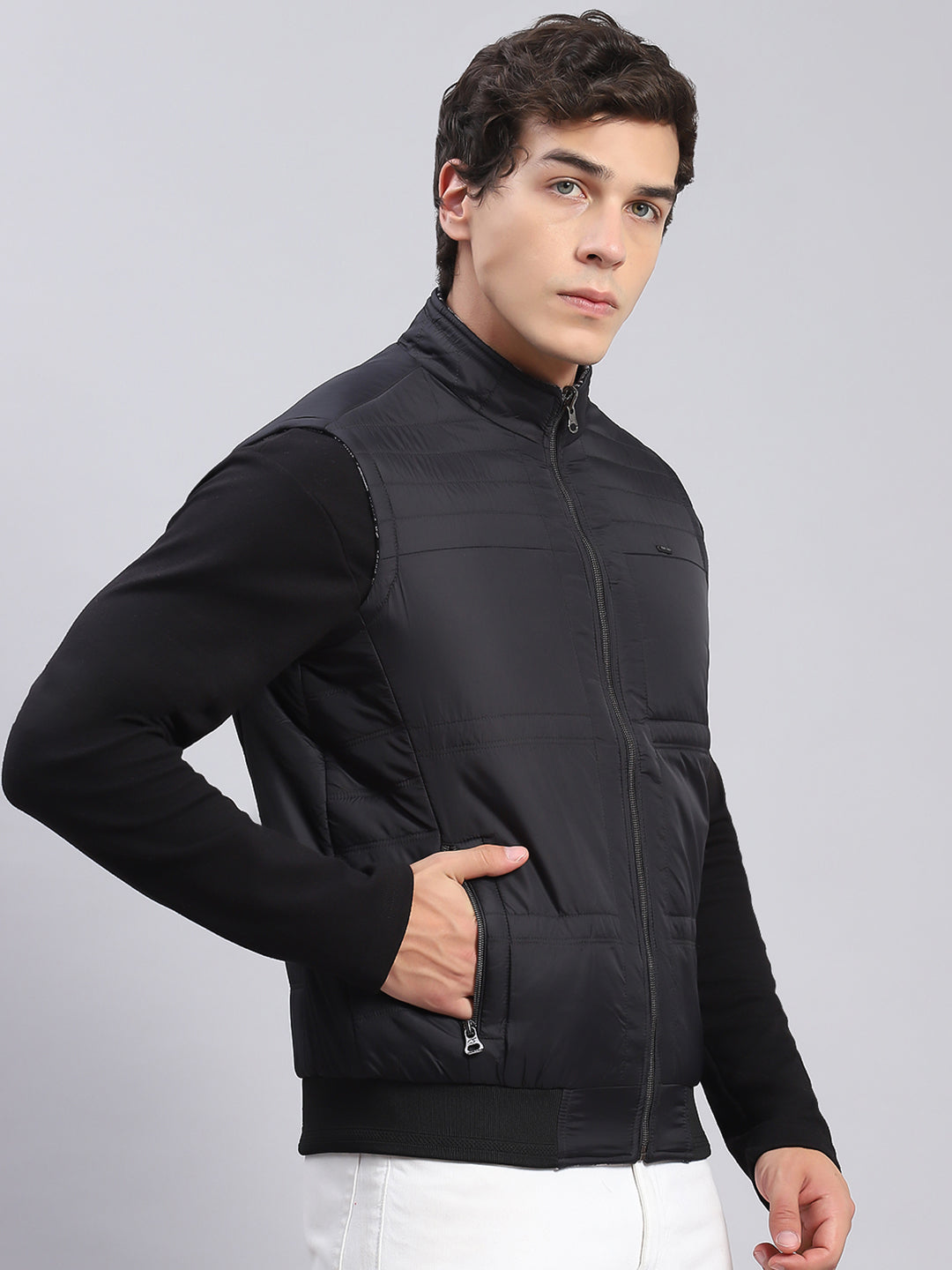 Men Black Check Stand Collar Sleeveless Jackets