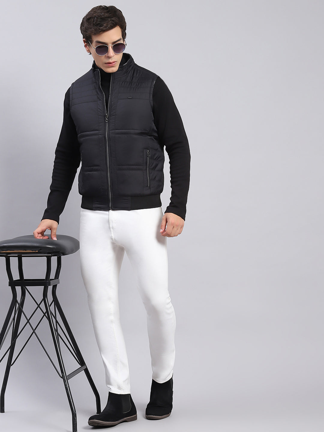 Men Black Check Stand Collar Sleeveless Jackets