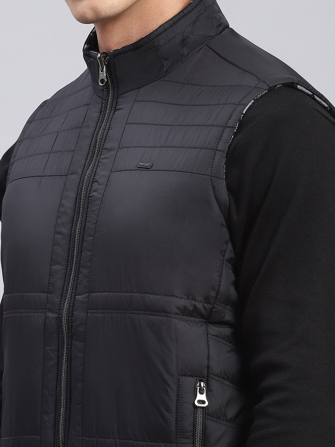 Men Black Check Stand Collar Sleeveless Jackets