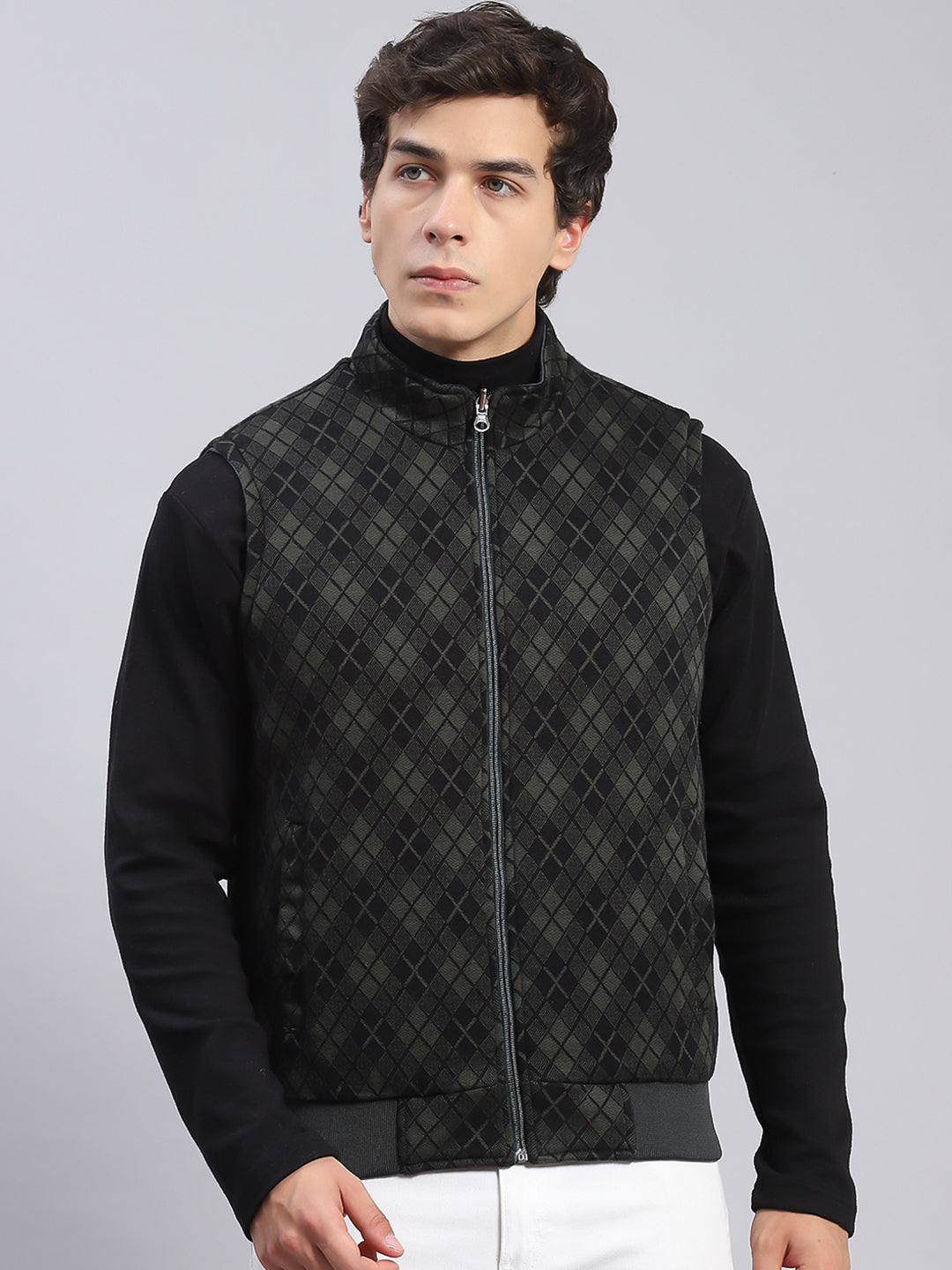 Men Navy Blue Check Stand Collar Sleeveless Jackets