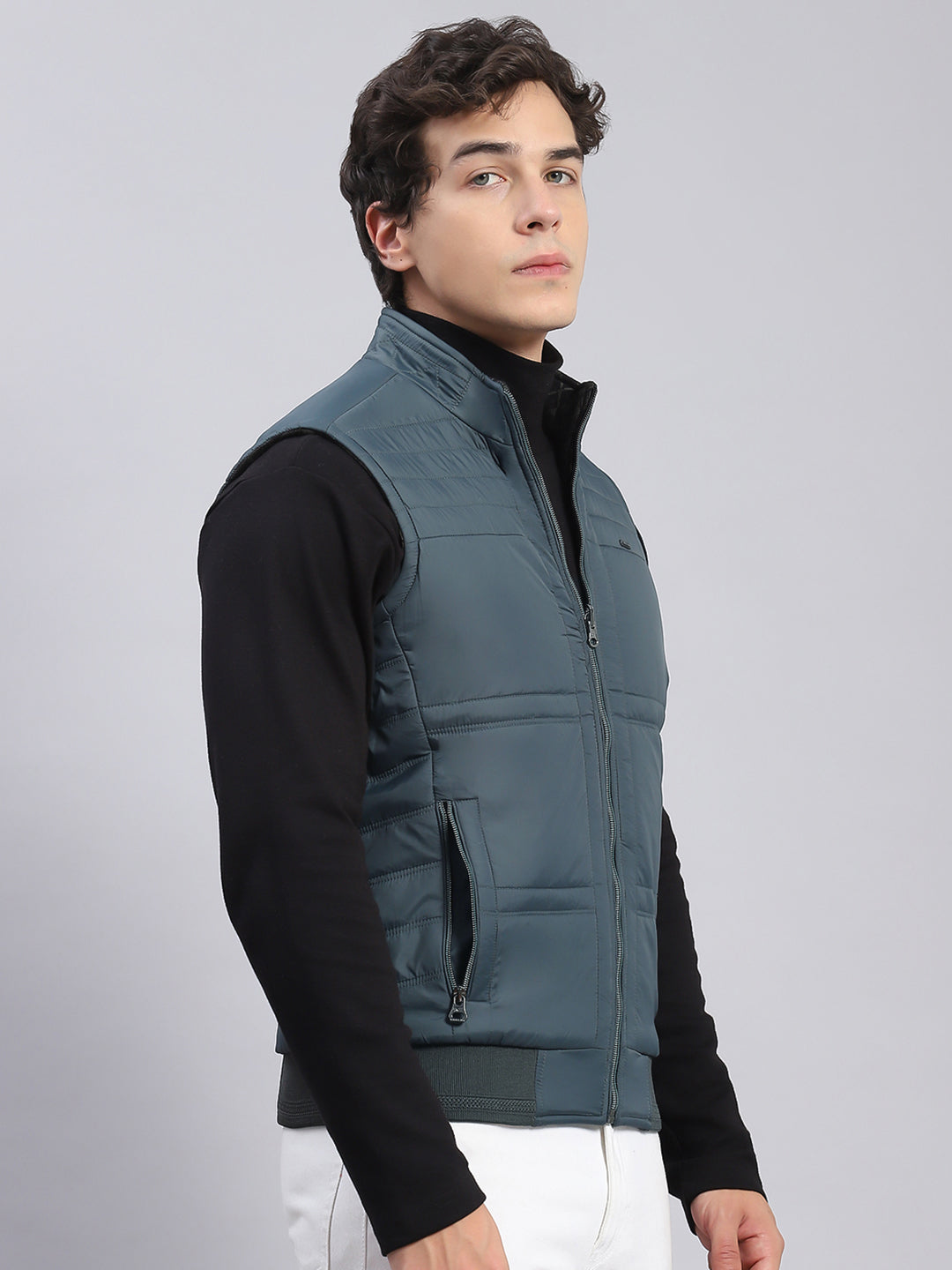 Men Navy Blue Check Stand Collar Sleeveless Jackets