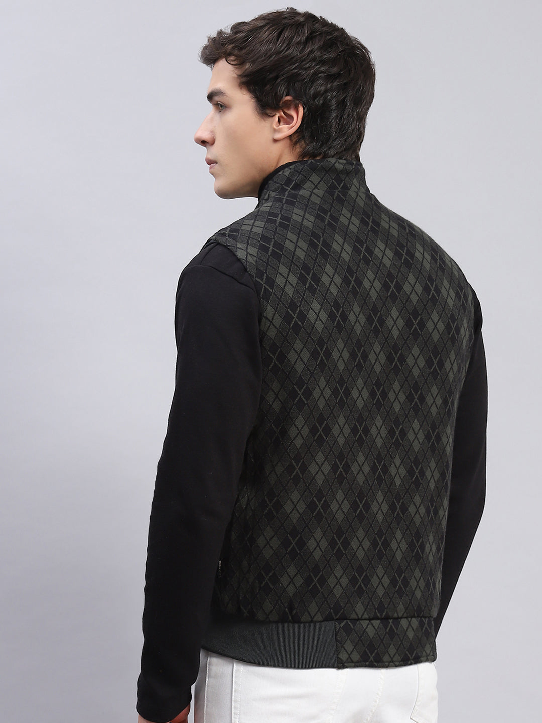 Men Navy Blue Check Stand Collar Sleeveless Jackets