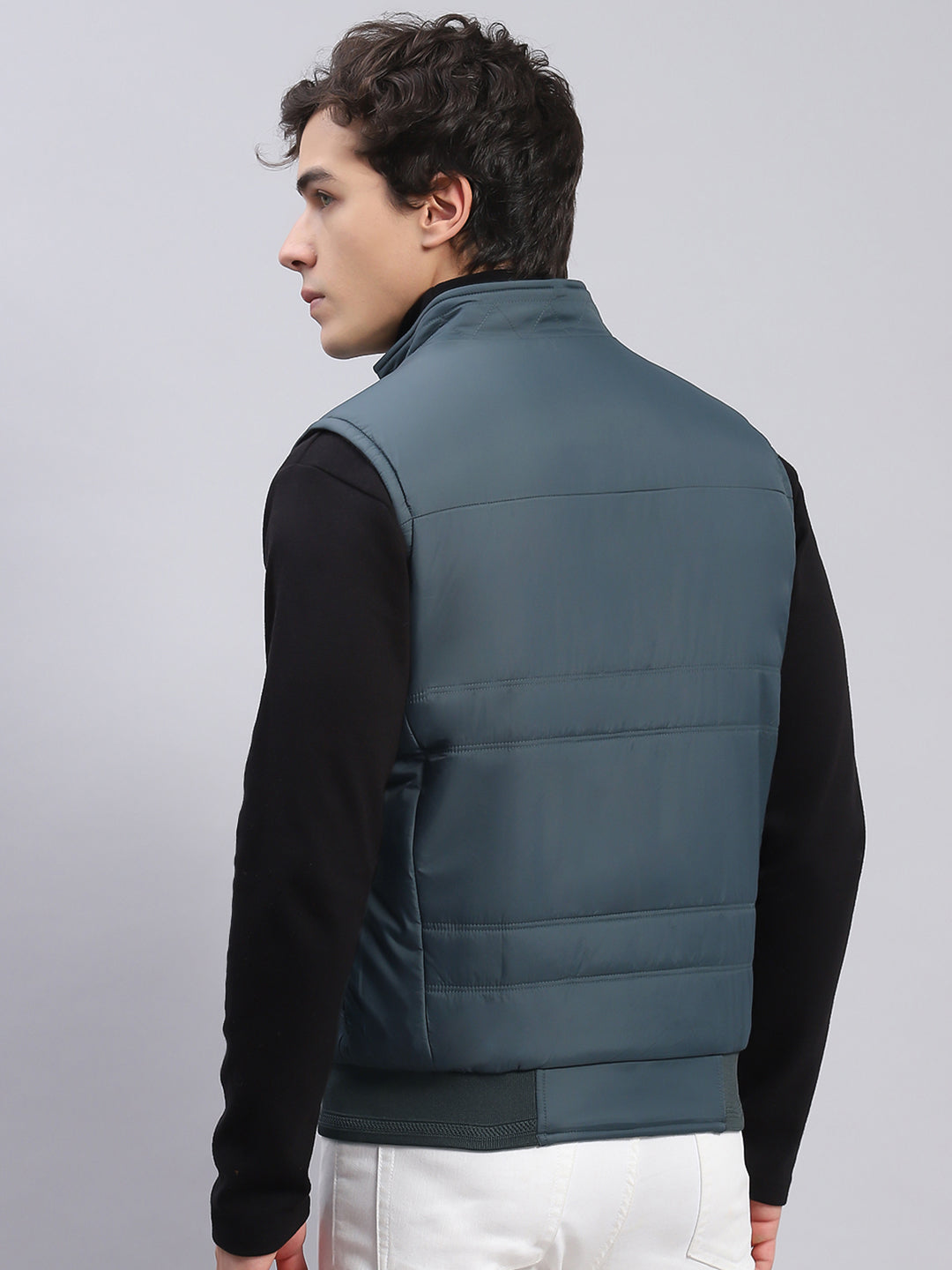 Men Navy Blue Check Stand Collar Sleeveless Jackets