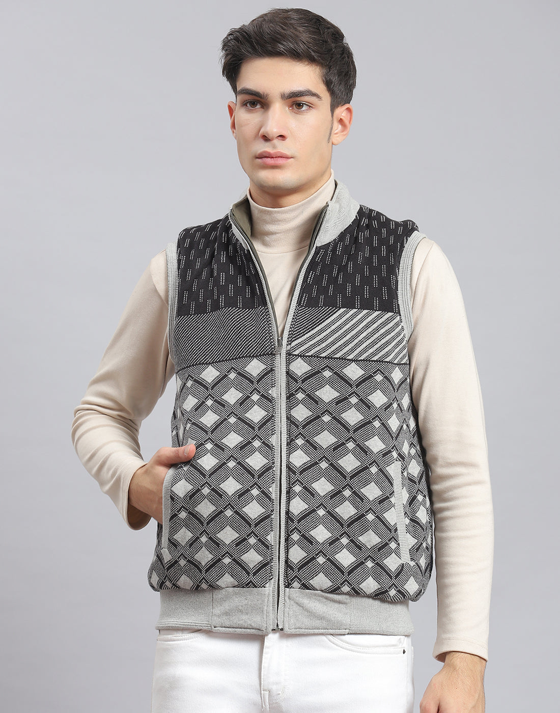 Buy Men Olive Solid Stand Collar Sleeveless Jacket Online in India