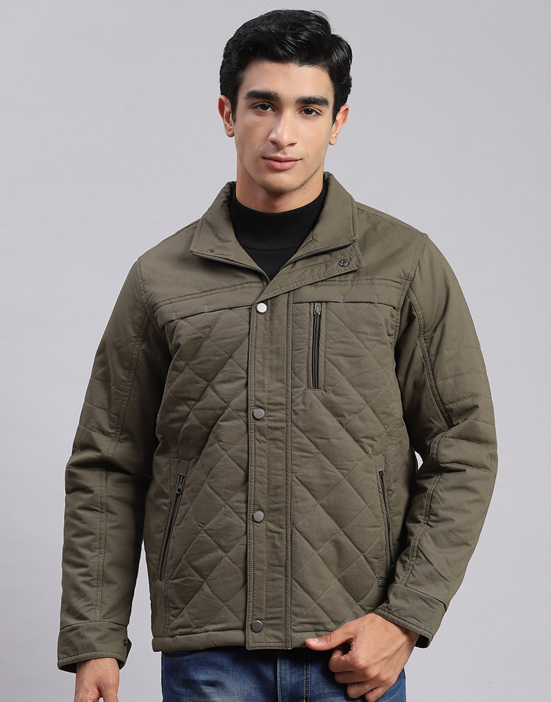 Men Olive Solid Spread Collar Full Sleeve Jackets