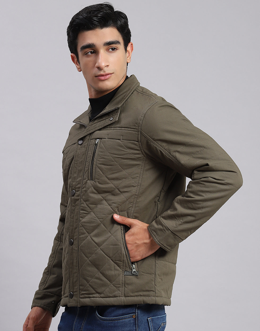 Men Olive Solid Spread Collar Full Sleeve Jackets