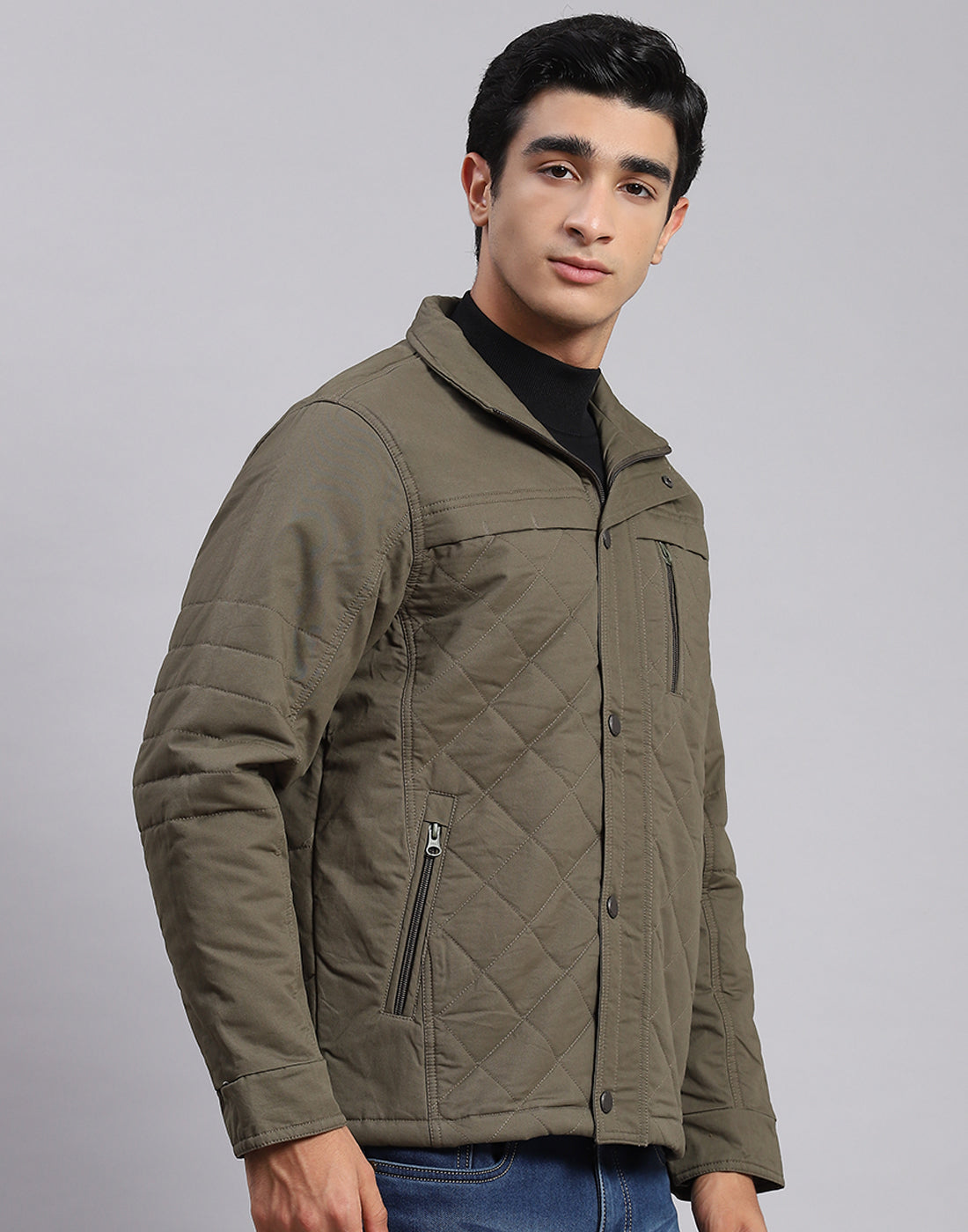 Men Olive Solid Spread Collar Full Sleeve Jackets