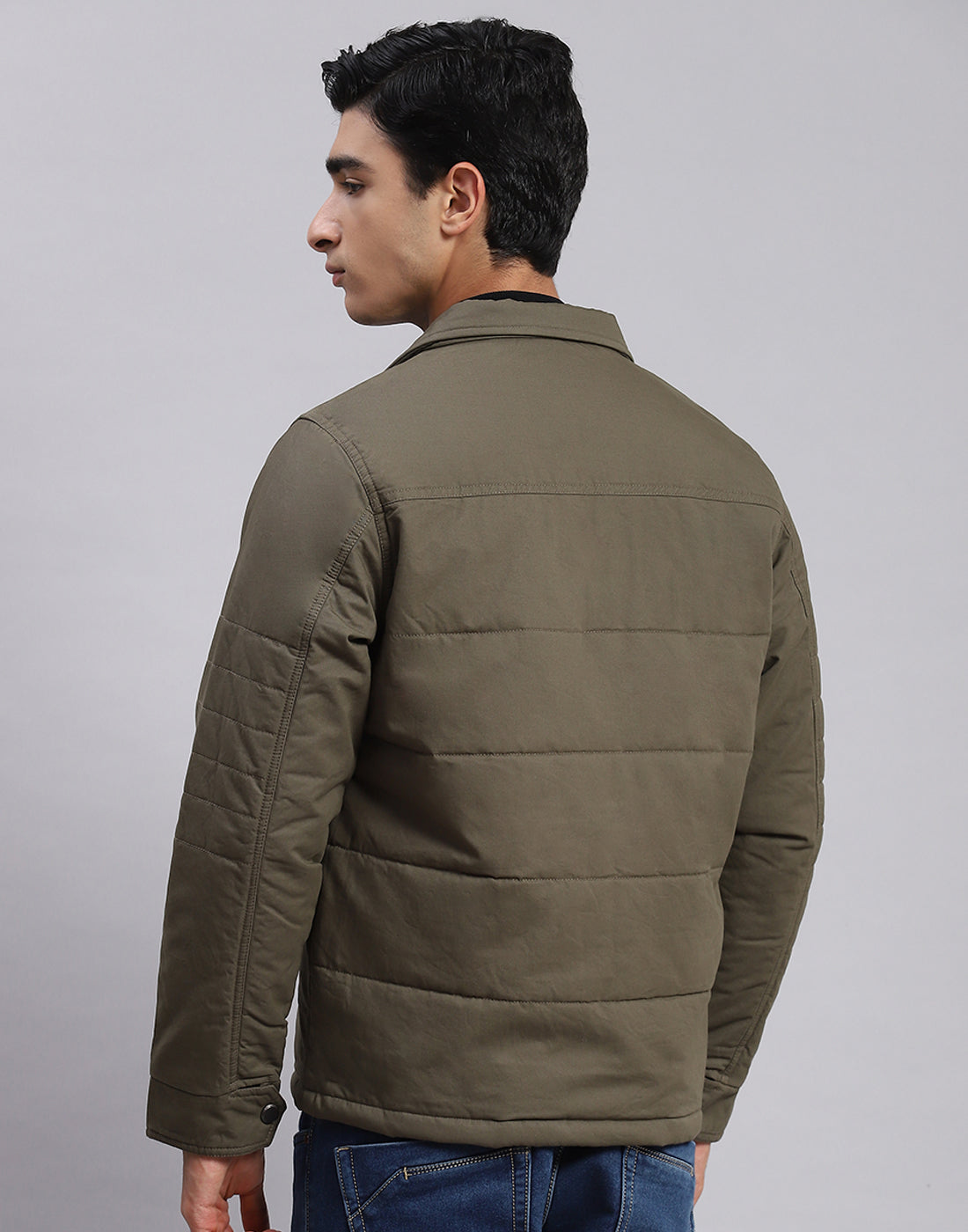 Men Olive Solid Spread Collar Full Sleeve Jackets