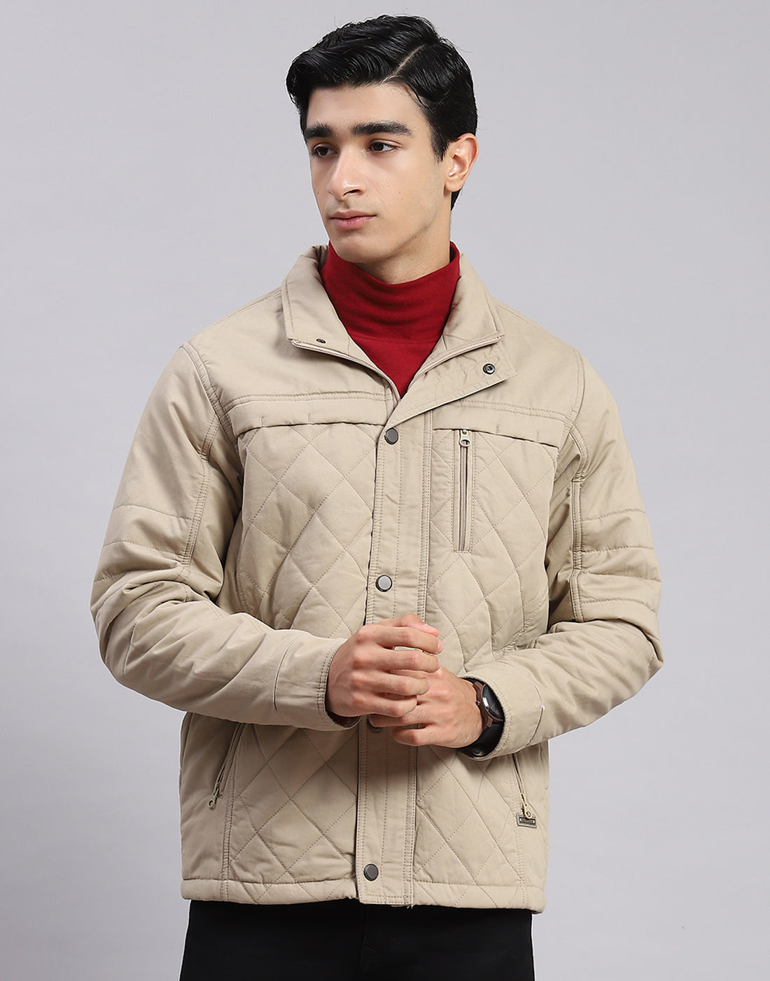 Men Beige Solid Spread Collar Full Sleeve Jackets