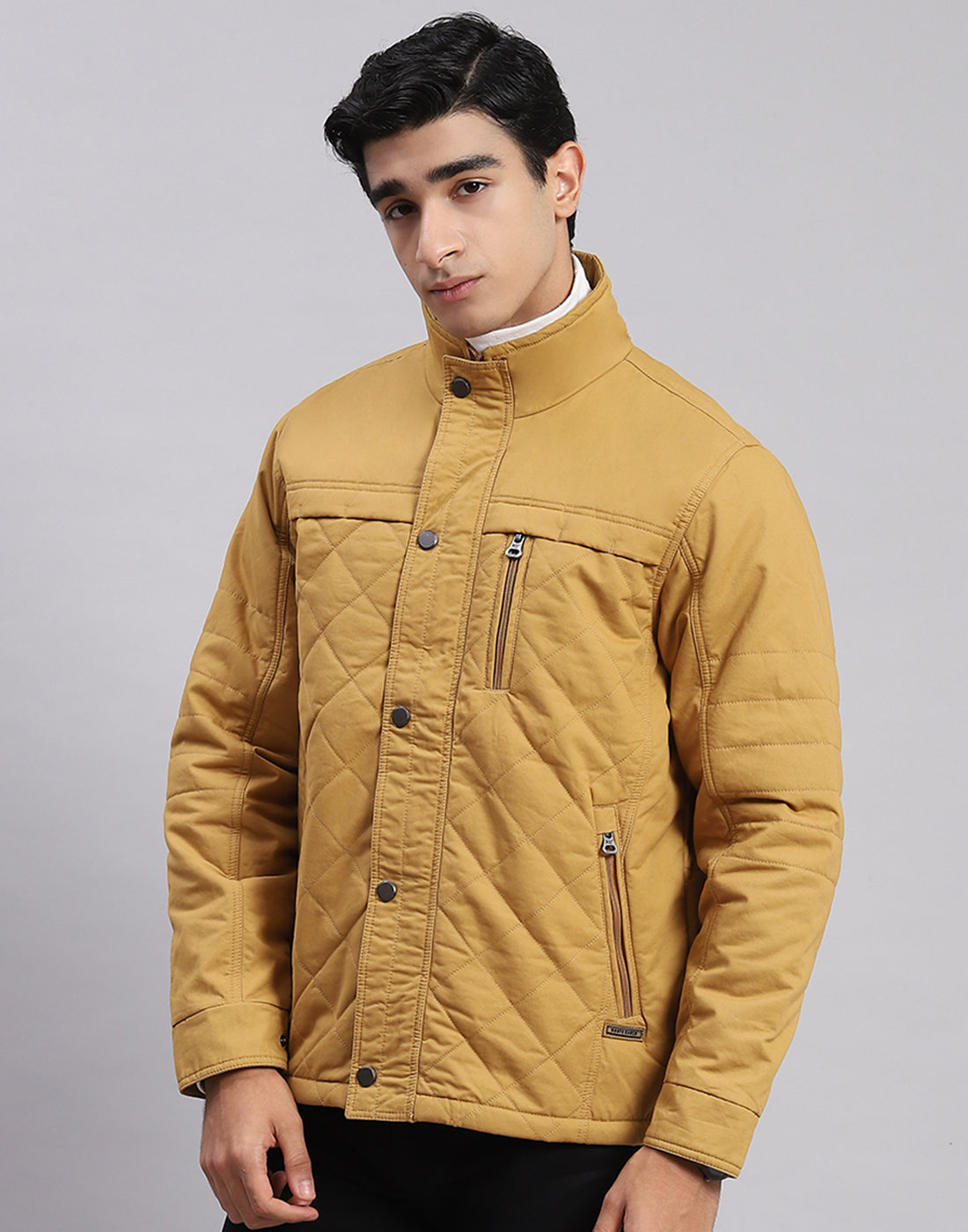 Men Yellow Solid Stand Collar Full Sleeve Jackets