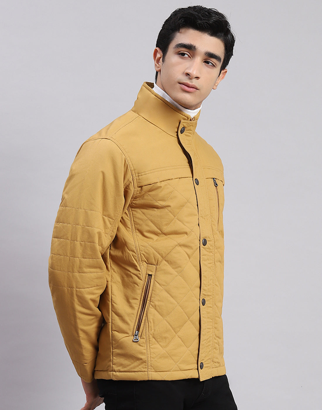 Men Yellow Solid Stand Collar Full Sleeve Jackets