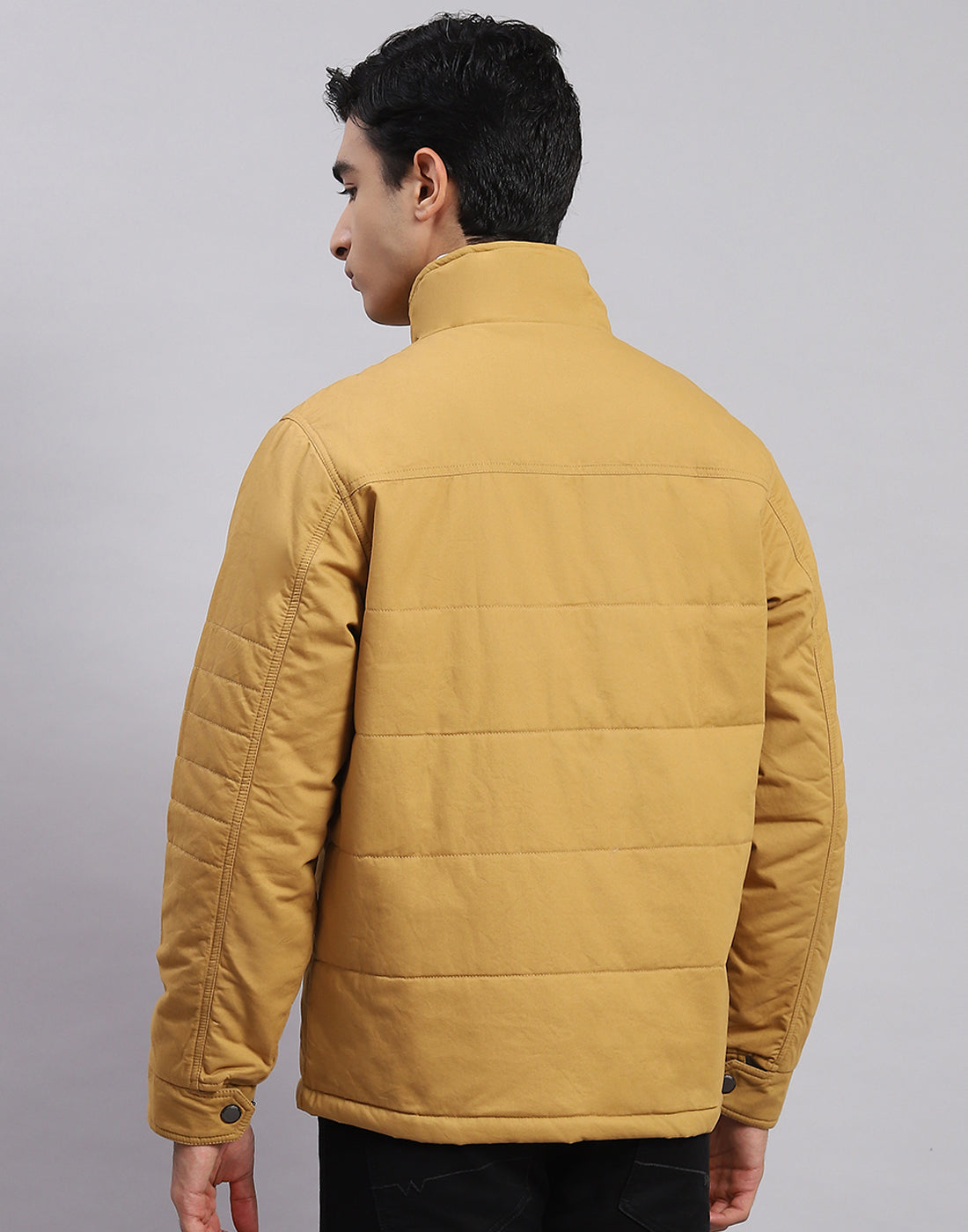 Men Yellow Solid Stand Collar Full Sleeve Jackets